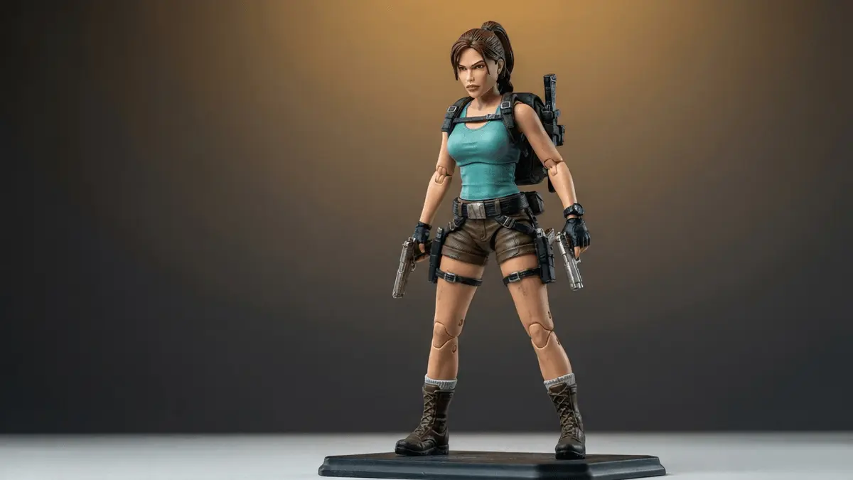 Lara Croft G.I. Joe Classified Series action figure with gear and accessories on display