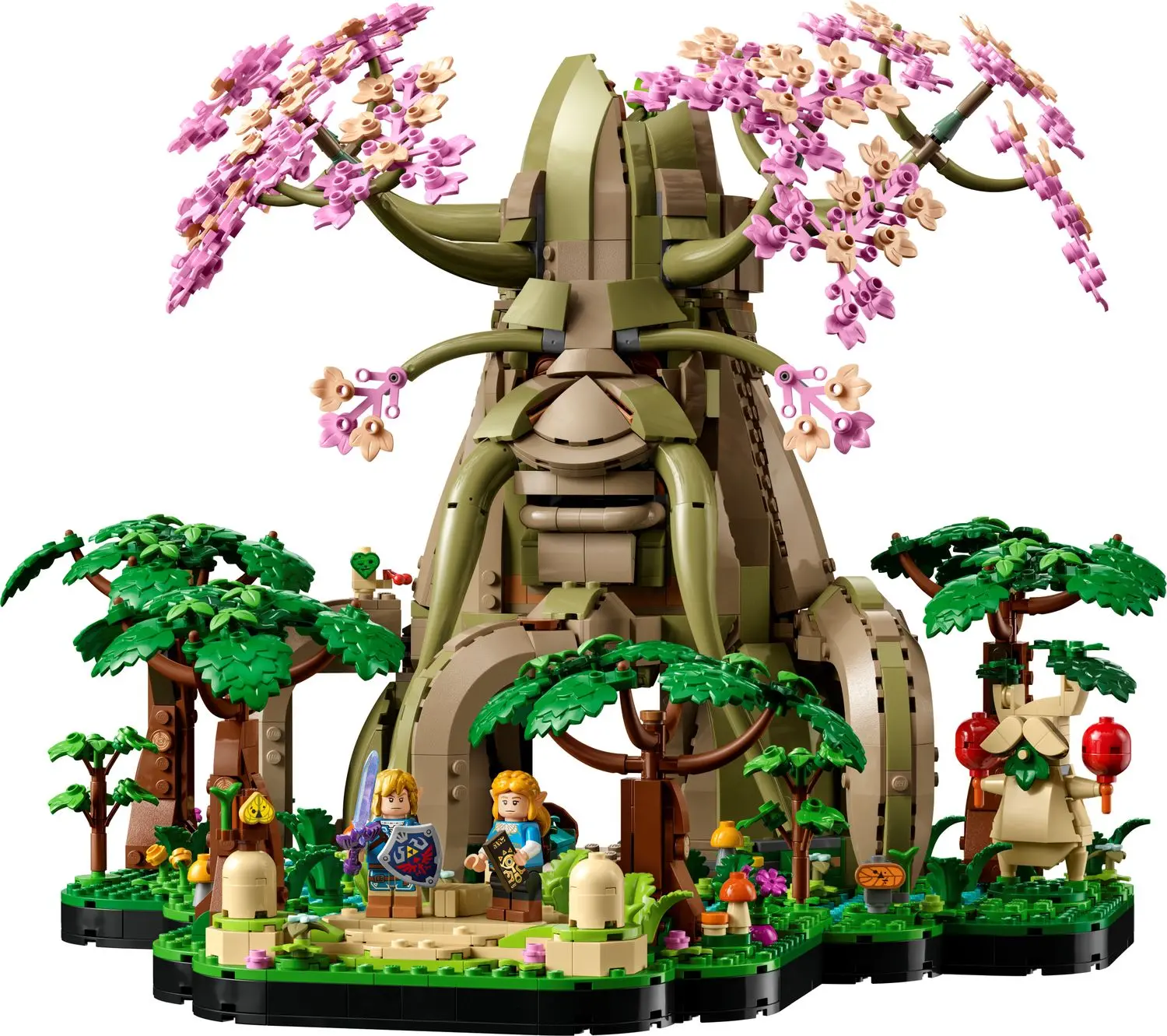 Lego set depicting the Deku Tree from The Legend of Zelda with characters and foliage.
