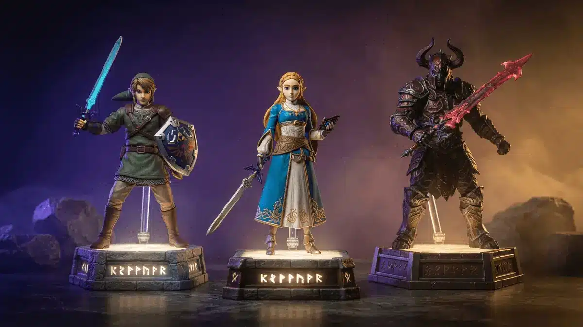 Premium Legend of Zelda collectible action figures displayed with dramatic lighting on pedestals