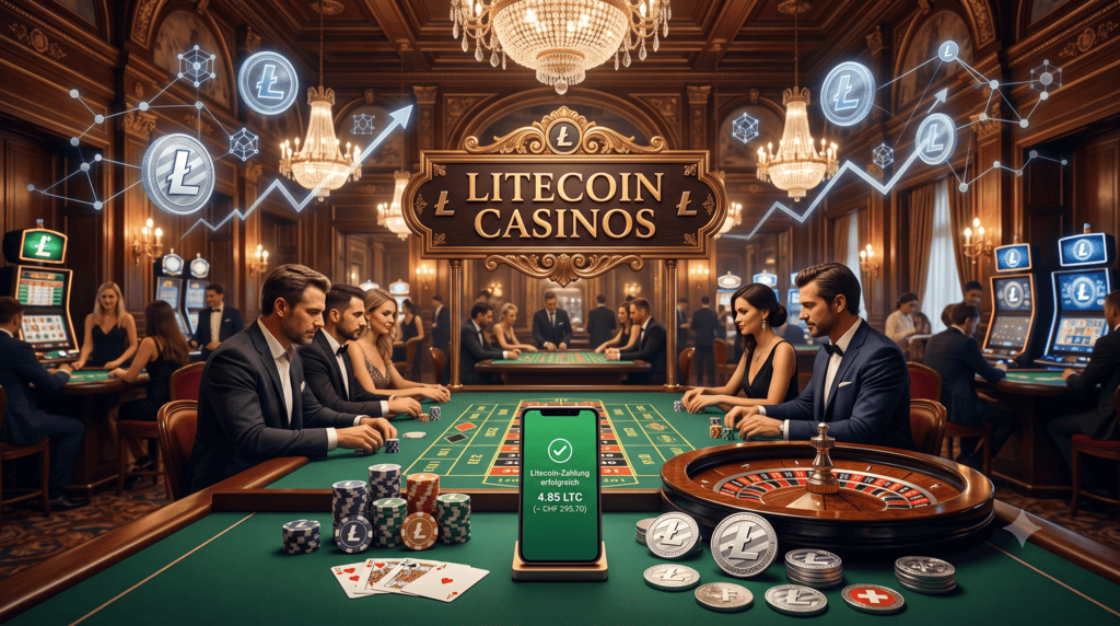 Ein luxuriöses, traditionelles Casino-Interieur mit einem zentralen, vergoldeten Schild mit der Aufschrift „LITECOIN CASINOS“. Im Vordergrund steht ein Smartphone auf einem Holztisch und zeigt eine Bestätigung für eine erfolgreiche Zahlung von 4.85 LTC, umgerechnet in CHF. Menschen in Abendgarderobe spielen an Tischen, umgeben von Litecoin-gebrandeten Jetons, einem Rouletterad mit einer Schweizer Franken-Münze und schwebenden digitalen Krypto-Symbolen.