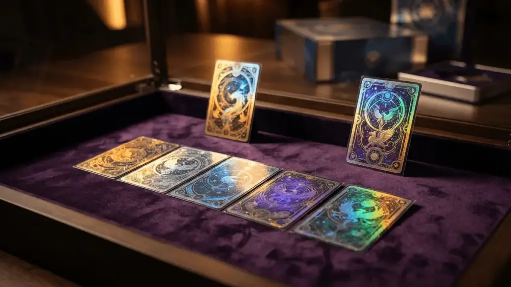 Luxury foil trading cards displayed on velvet surface with dramatic studio lighting