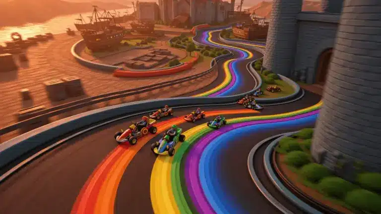 Mario Kart racers speeding through connected track segments in knockout tour mode