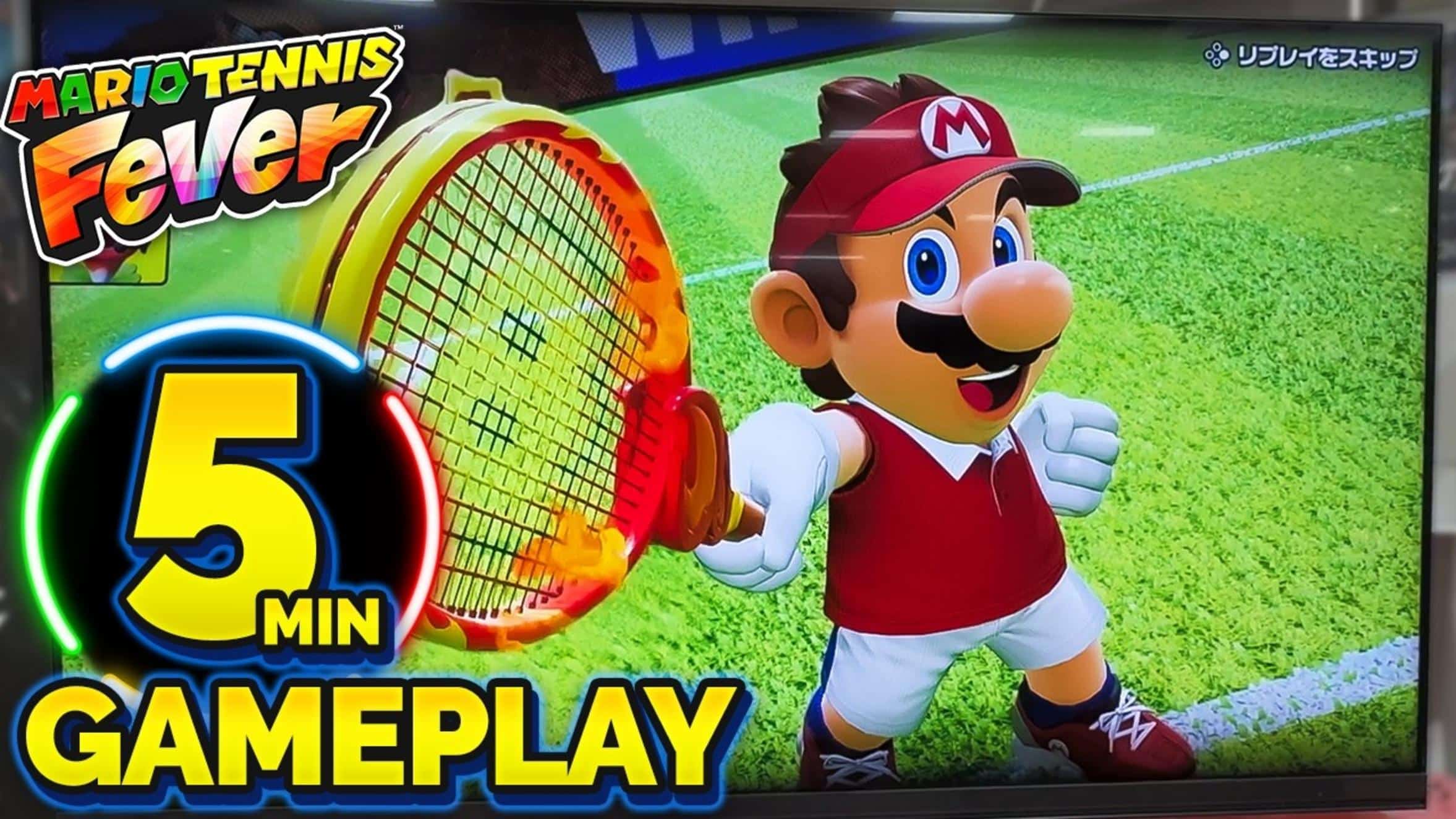 Mario character in tennis gear holding a racket on a tennis court.