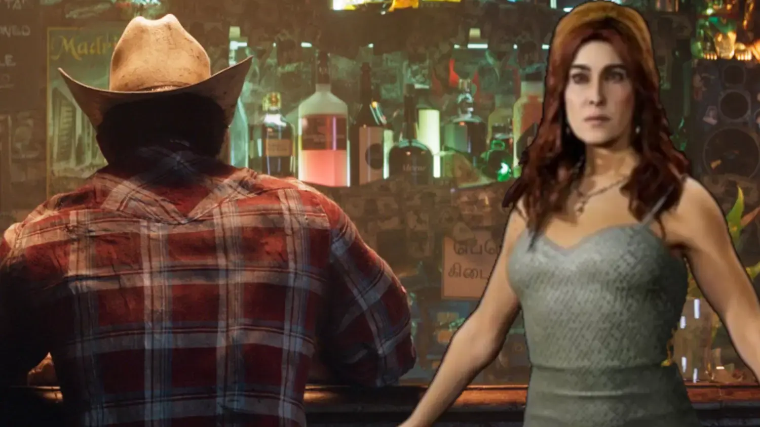 Jean Grey in a grey dress facing a man in a red plaid shirt and cowboy hat in a bar setting