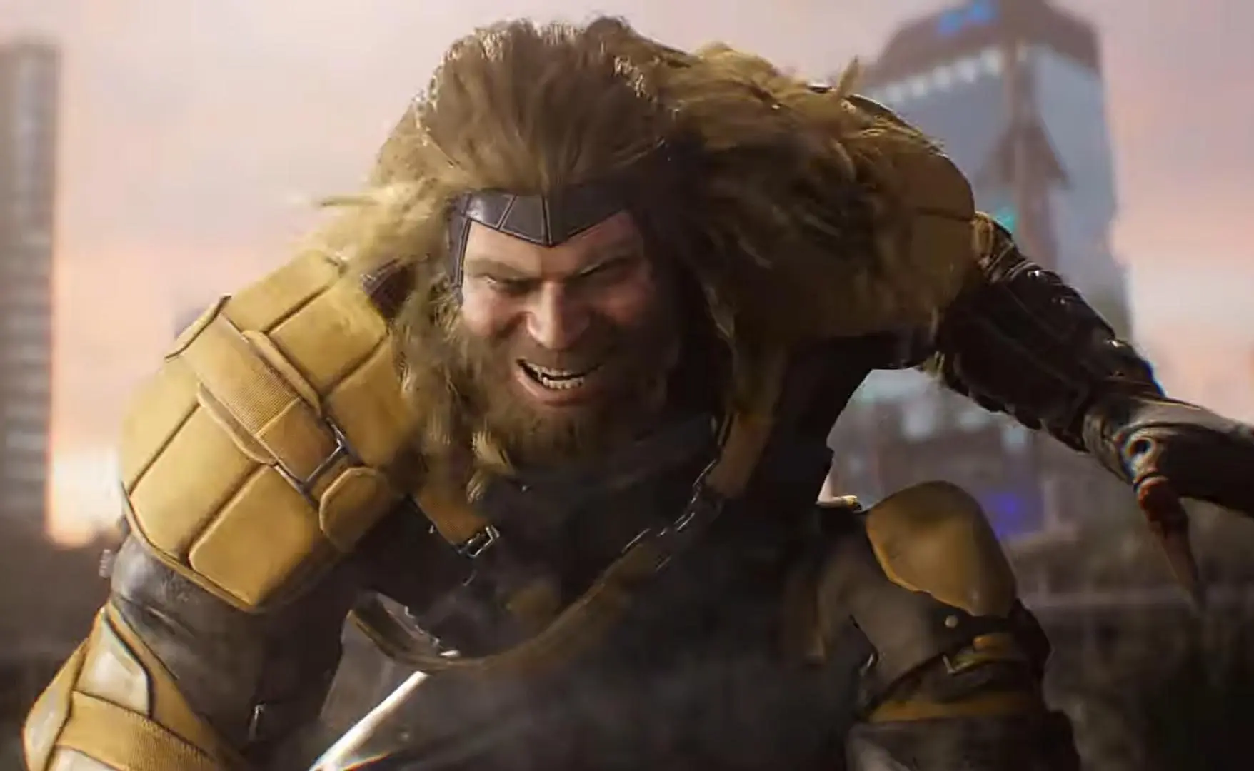 Close-up of Sabretooth with a fierce expression, wearing yellow tactical armor and a fur collar