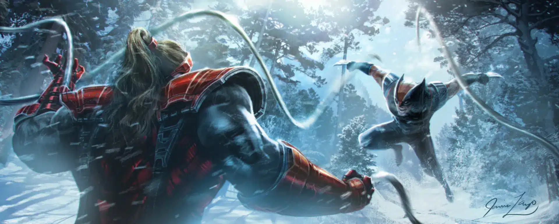 Wolverine jumping toward Omega Red in a snowy forest setting