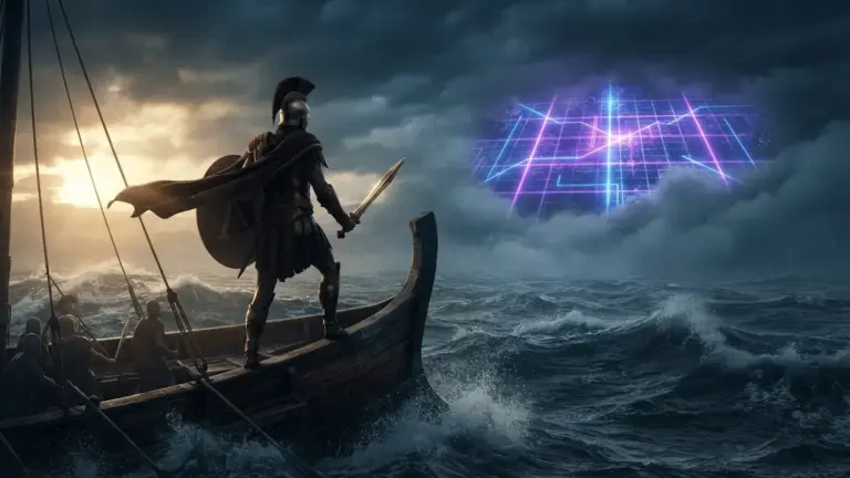 Ancient Greek warrior with sword on ship merging with digital Fortnite gaming world