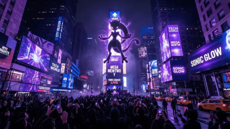 Mega Mewtwo Y silhouette projected on Times Square billboards at Pokémon Go 10th anniversary event