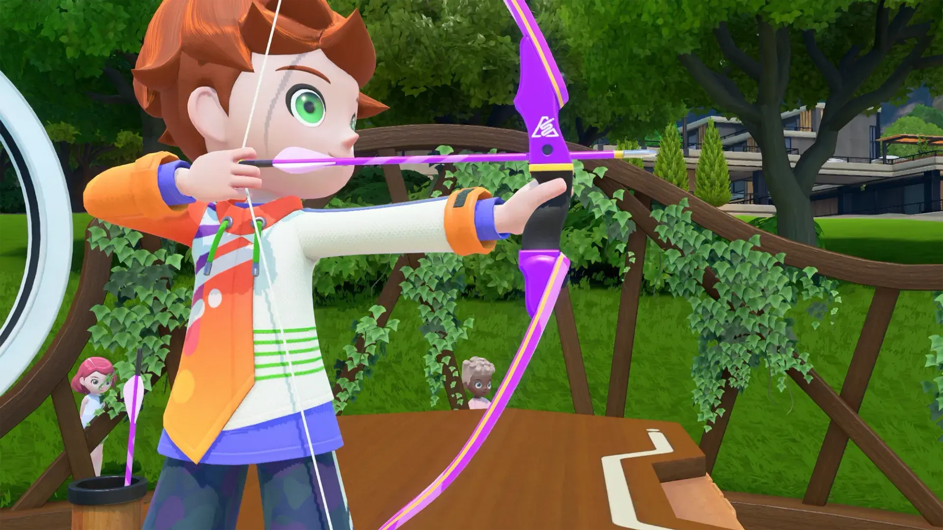 A character in Nintendo Switch Sports aiming at an archery target with a bow.