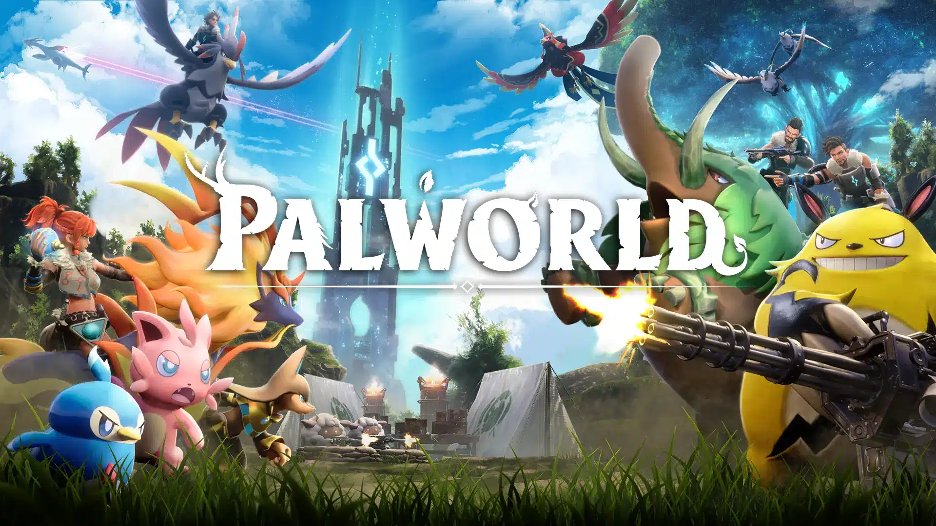 Colorful characters and creatures from Palworld, featuring weapons and action.