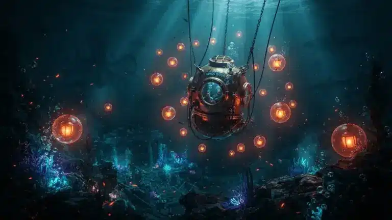 Underwater diving bell surrounded by glowing lanterns in dark ocean depths with monsters lurking in shadows
