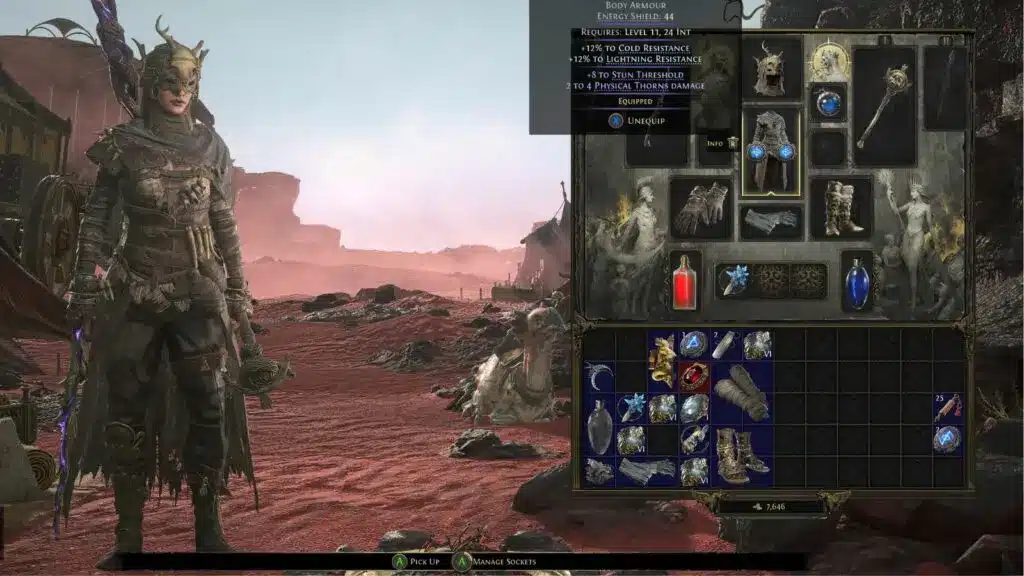 Gameplay screenshot of Path of Exile showing character with equipped items and sockets.