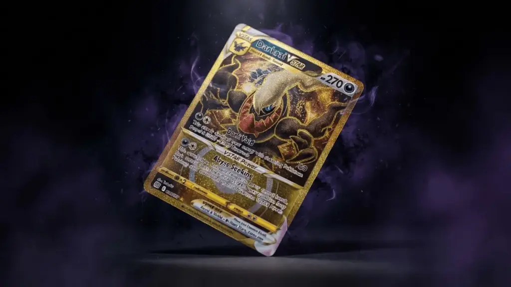 Premium gold holographic Mega Darkrai ex Pokémon card with dramatic lighting against dark background