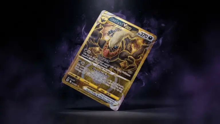 Premium gold holographic Mega Darkrai ex Pokémon card with dramatic lighting against dark background
