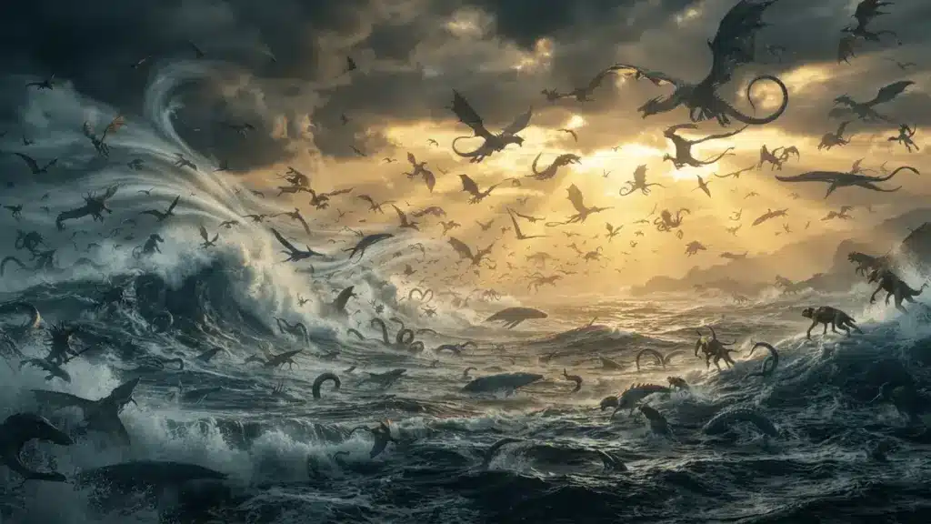 Ocean waves and wind currents with silhouettes of numerous creatures representing new Pokémon generation