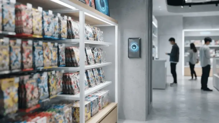 Pokemon card store interior with biometric security scanner and colorful TCG product displays