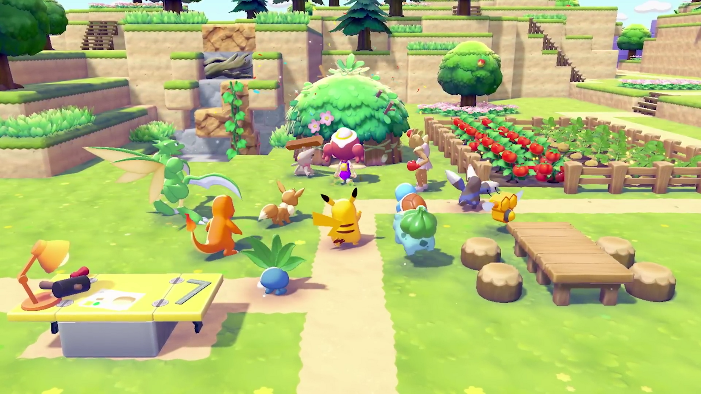 A colorful scene from Pokemon Pokopia featuring various Pokemon interacting.
