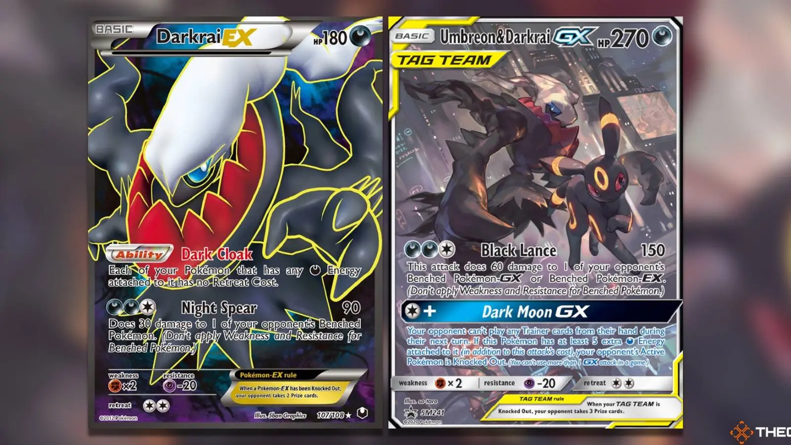 Darkrai EX and Umbreon & Darkrai GX Pokémon TCG cards with abilities and stats.