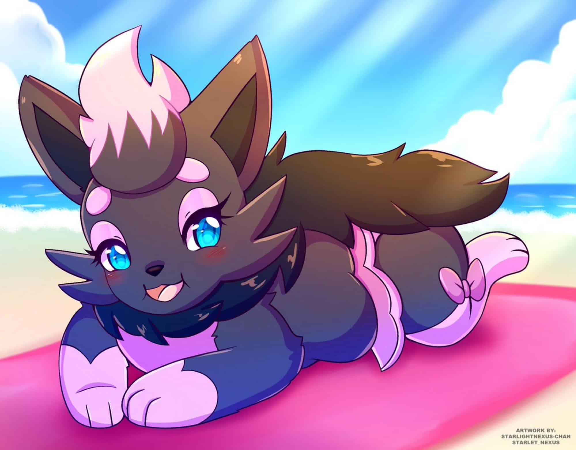 Cute and colorful illustration of Zorua, a Pokémon, resting on a beach.
