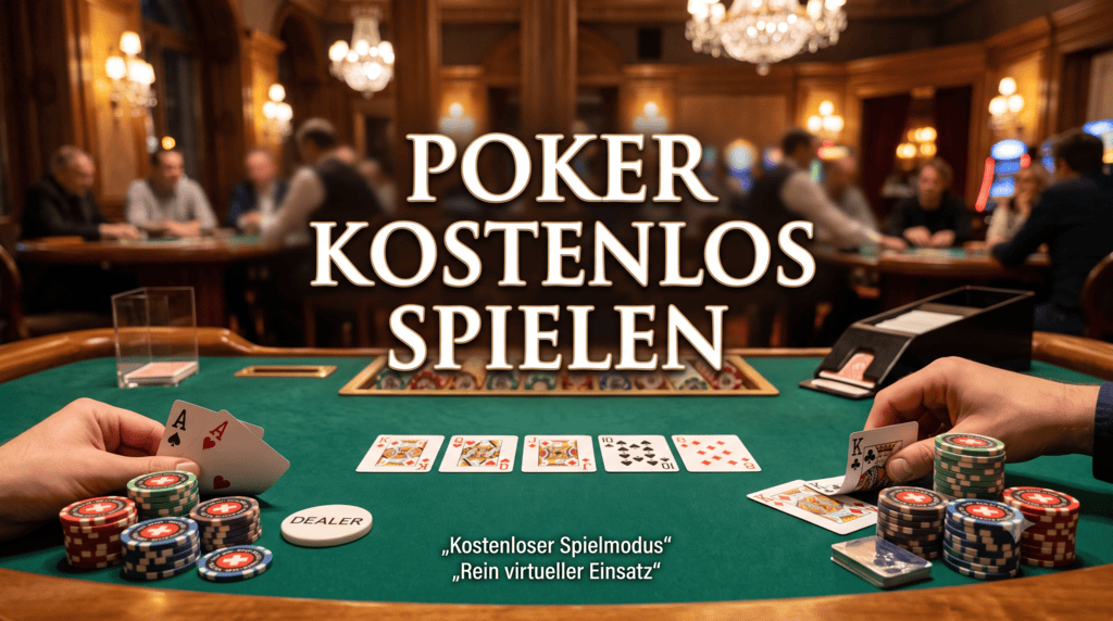 Blick auf einen eleganten Pokertisch mit Pokerkarten, Chipstapeln und der großen Aufschrift „Poker kostenlos spielen“.