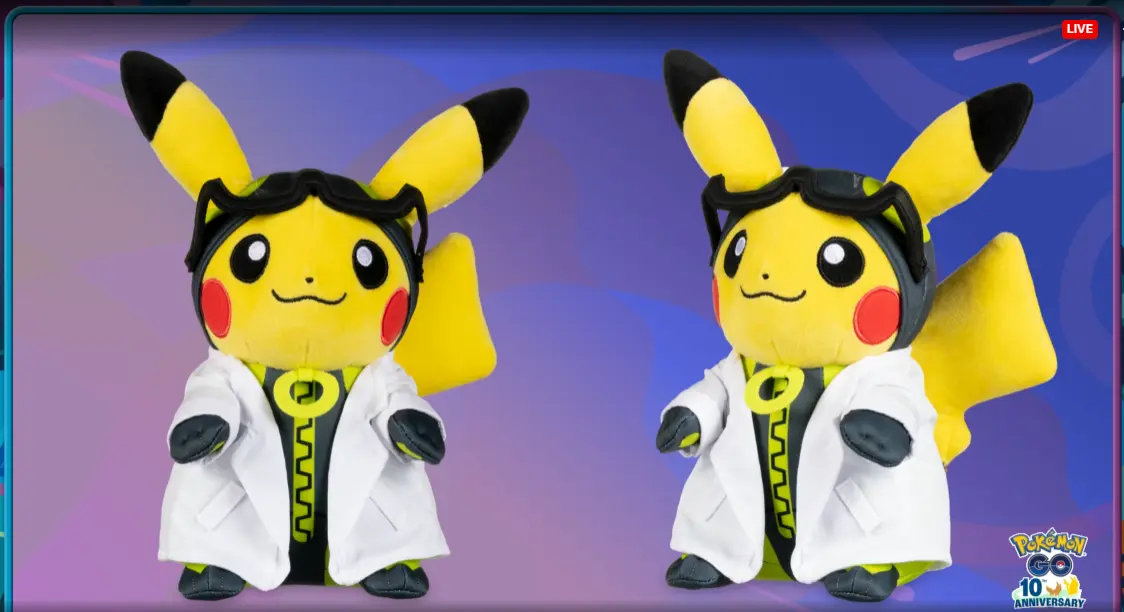 Two Professor Willow Pikachu plush toys in lab coats with goggles.