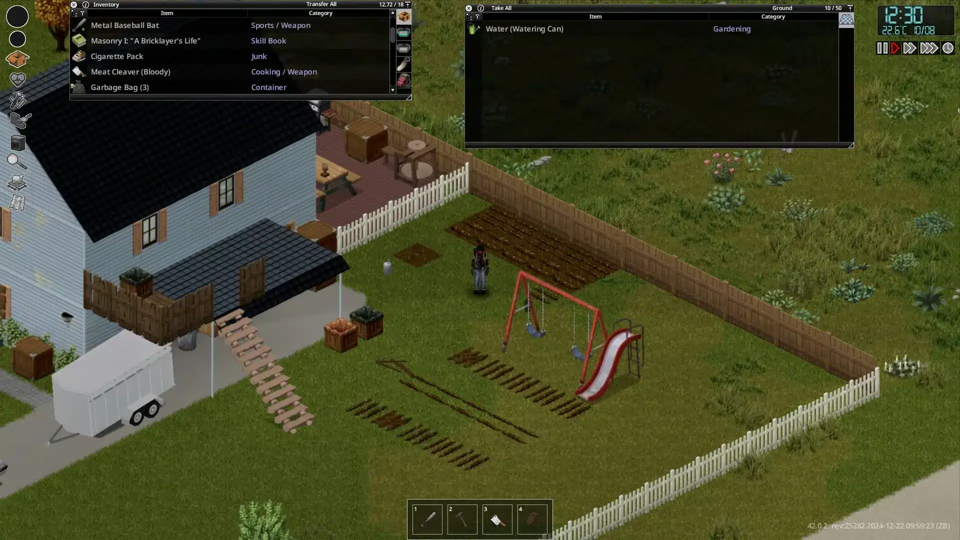 Project Zomboid gameplay showing a fenced backyard with tilled farming plots and a swing set