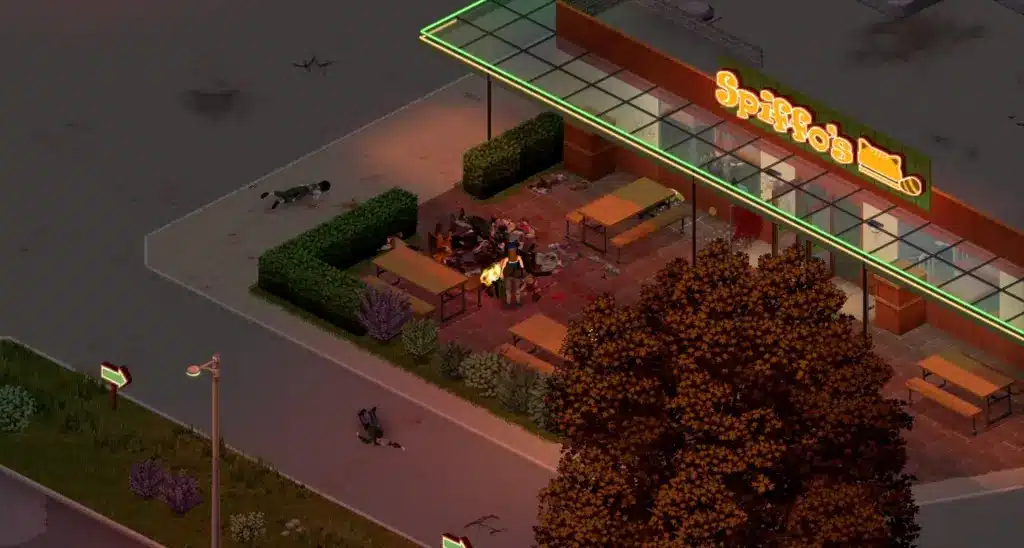 Isometric view of Spiffo's convenience store at night with glowing neon signage and zombies on the pavement