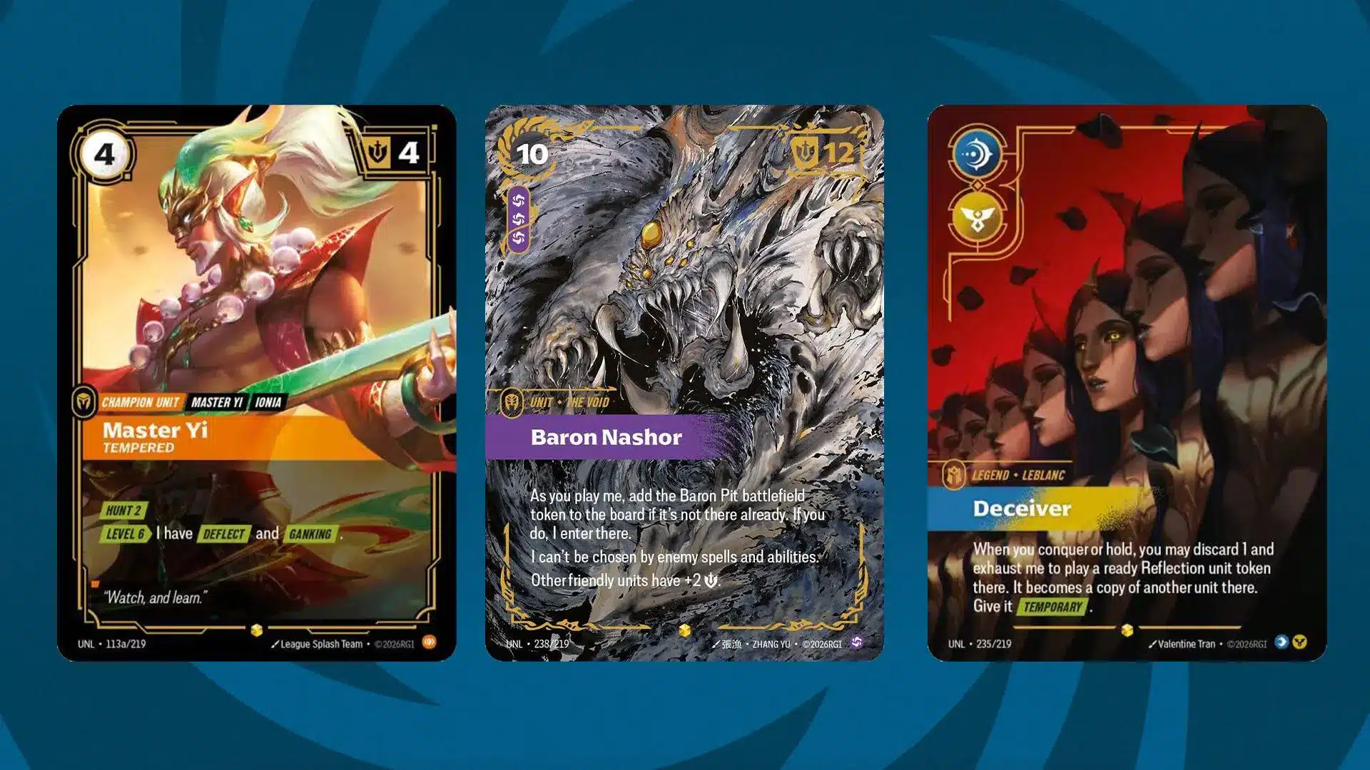 Three Riftbound TCG diptych cards featuring Master Yi, Baron Nashor, and Deceiver.