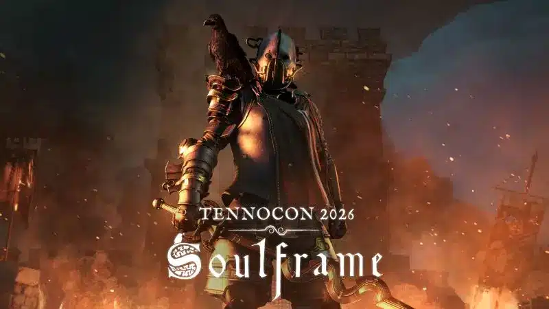 A character in armor with a raven, promoting Soulframe at TennoCon 2026.
