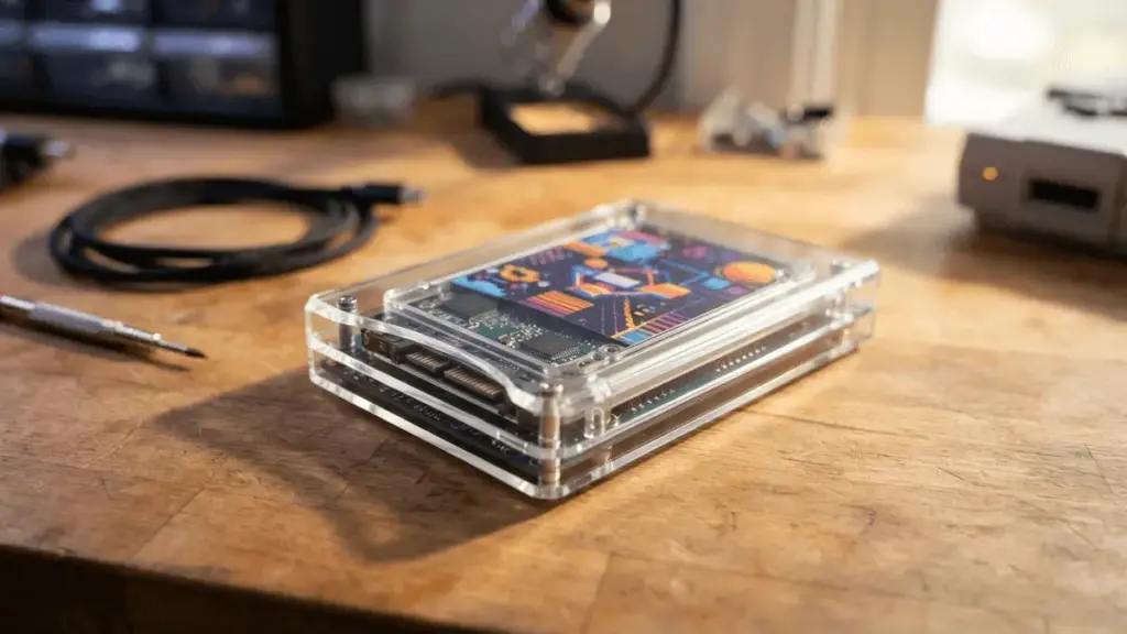 Custom DIY Steam game cartridge made from SATA SSD with clear case and artwork on workbench