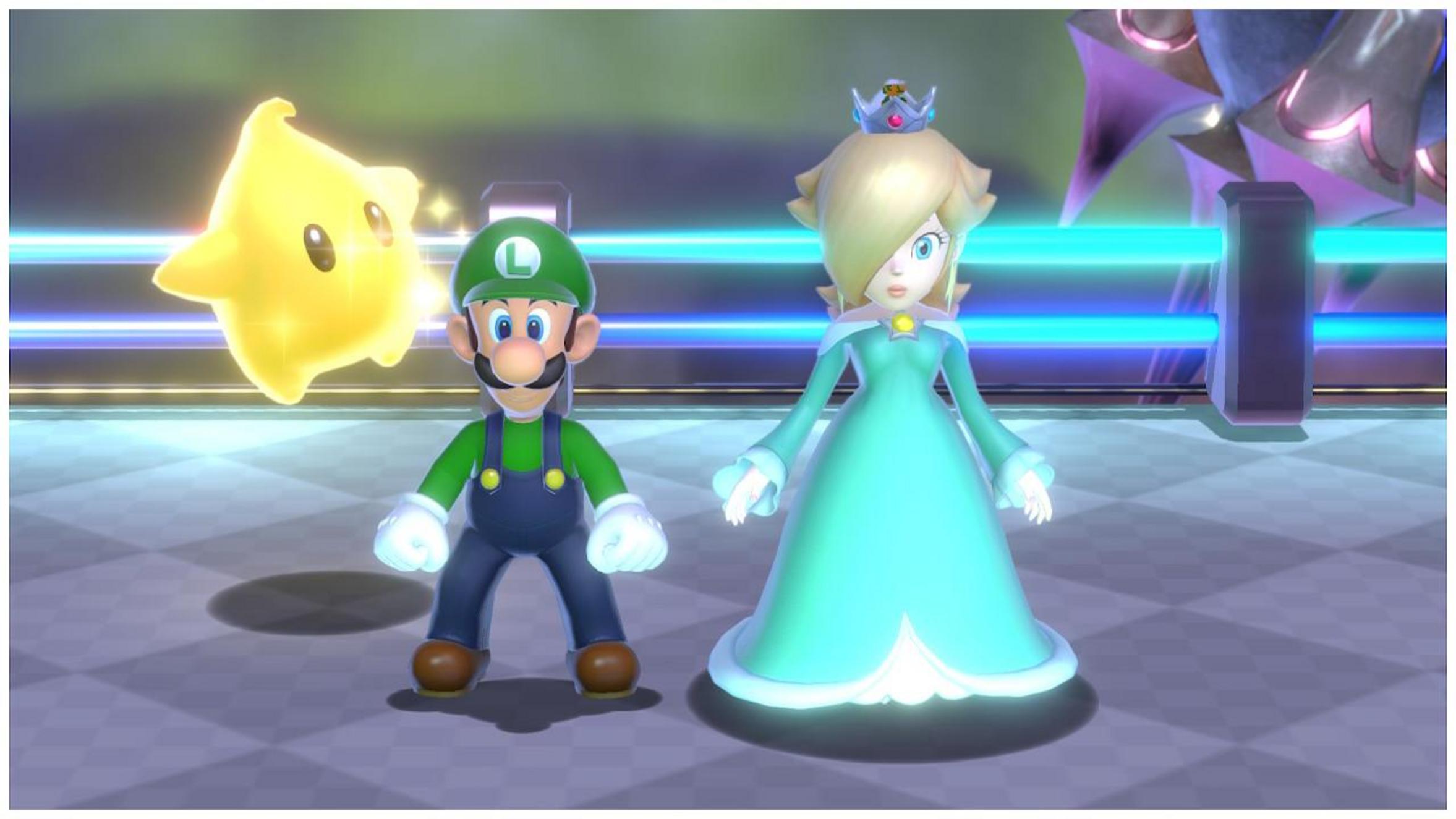 Luigi and Rosalina from Super Mario Galaxy with a Luma character.