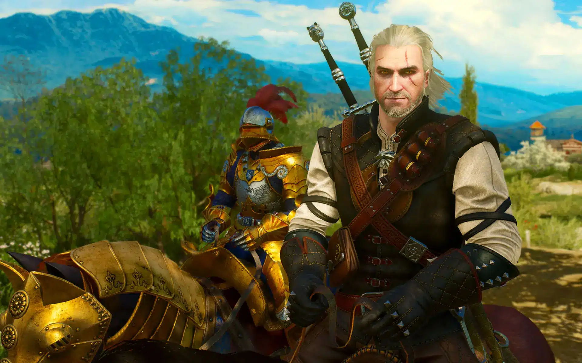 Geralt of Rivia in armor with a knight on horseback against a landscape background.