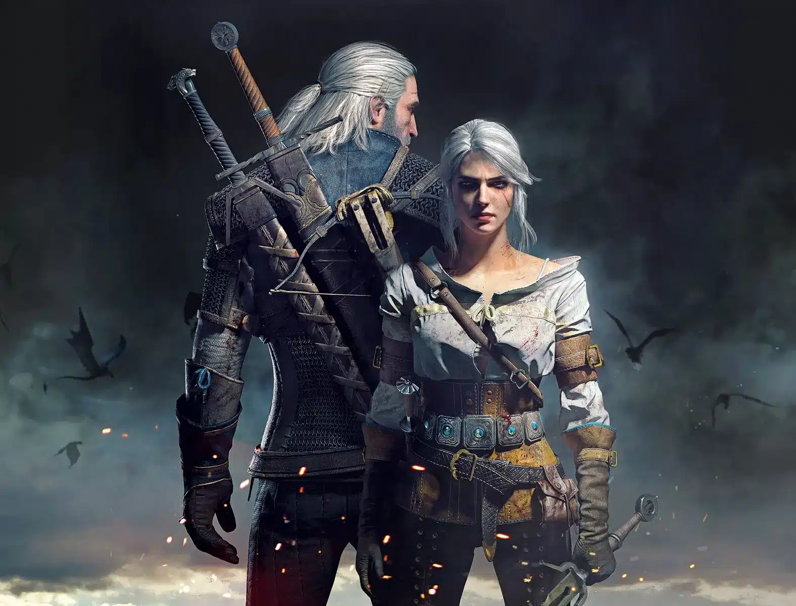 Geralt and Ciri from The Witcher 3 stand back to back amid a dark, dramatic background.