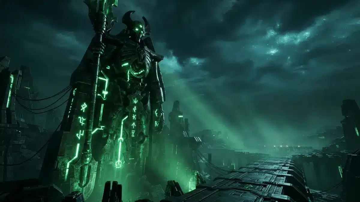 Necron warrior silhouette with glowing green energy on ancient alien tomb world