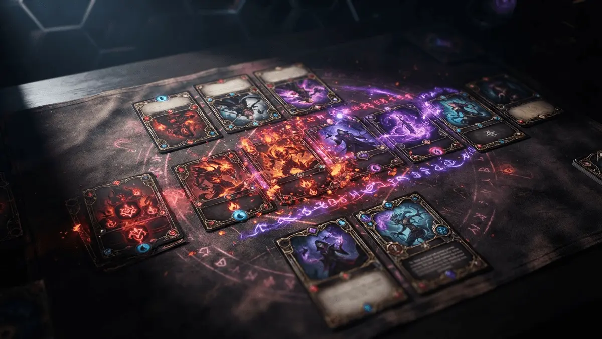 Riftbound TCG cards with purple and red effects on dark playmat showing strategic gameplay setup