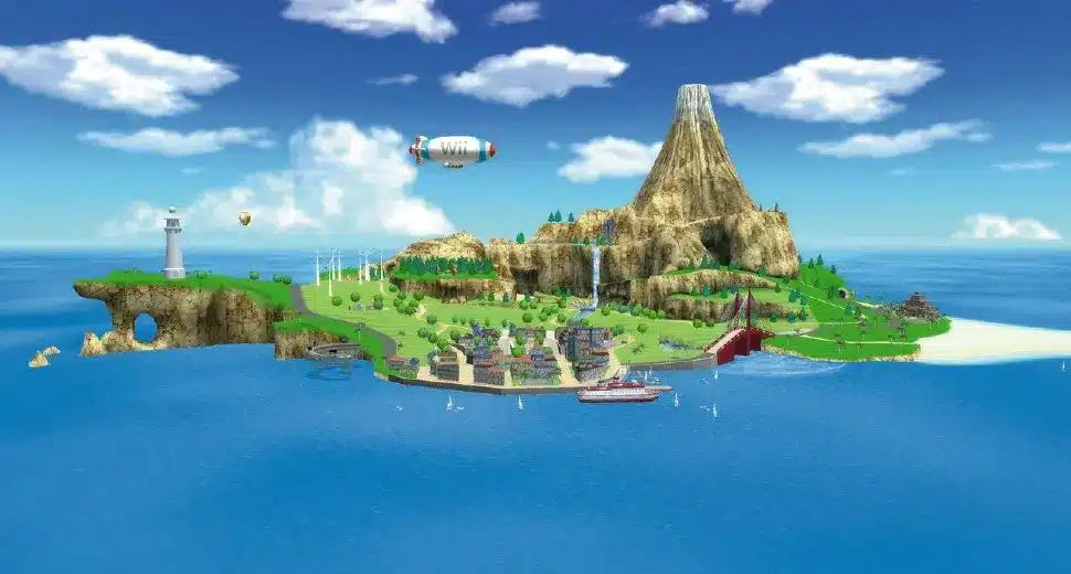 A digital rendering of Wuhu Island from Wii Sports Resort with ocean and cloud scenery.
