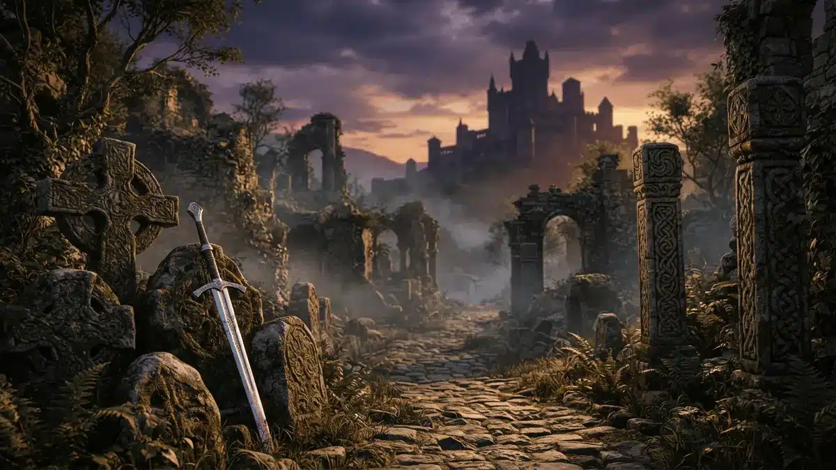 Fantasy landscape with ancient ruins and medieval path leading to distant castle at twilight