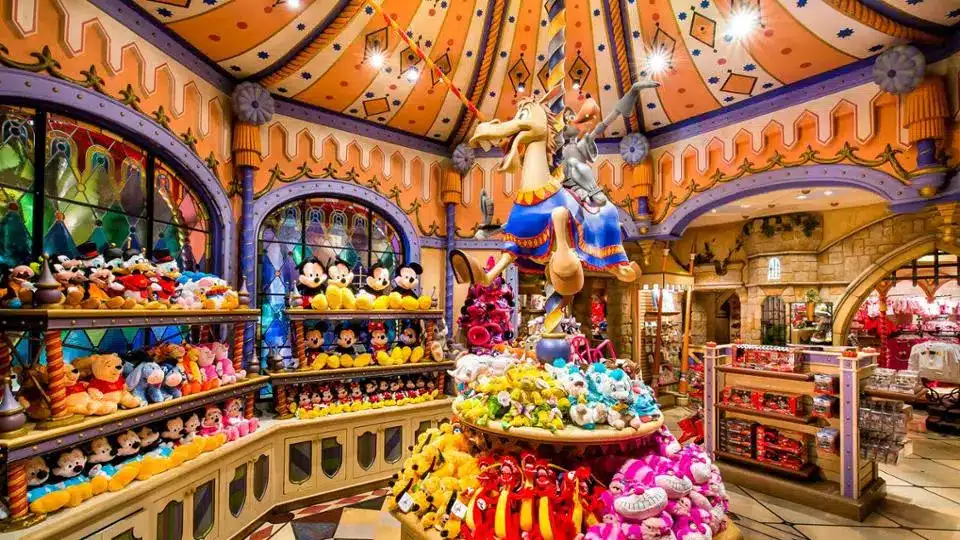 Interior of World of Disney store with Mickey Mouse plushies and a large Maximus horse figure