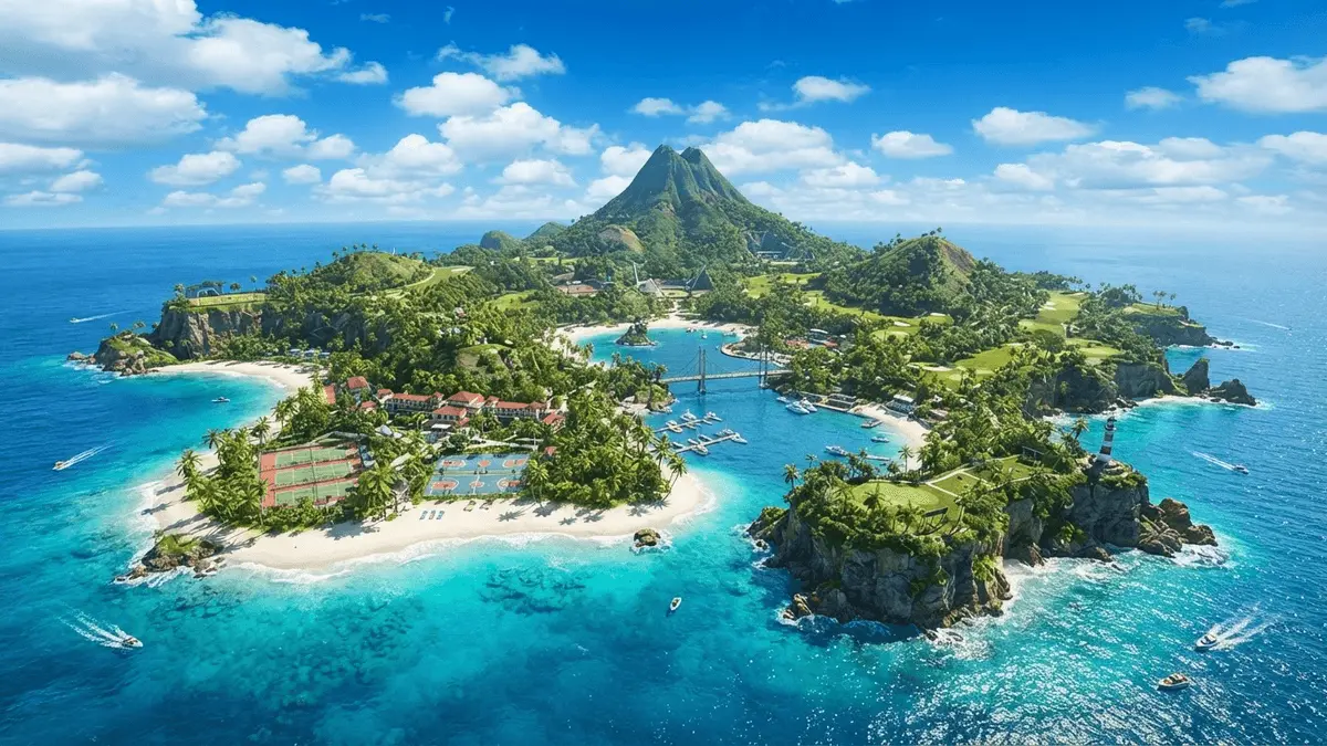 Wuhu Island tropical paradise landscape from Nintendo Switch Sports Resort with ocean and volcanic peak