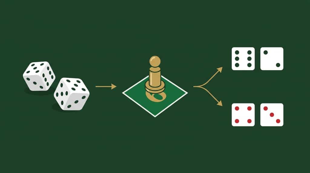 Dreistufiger Craps-Ablauf mit Come-out-Roll, Point 6 und Entscheidung zwischen 6 und 7