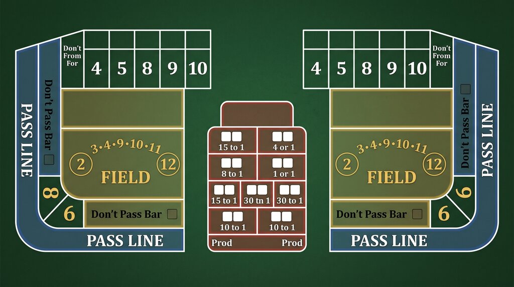 Craps-Tisch aus der Vogelperspektive mit farblich markierten Wettbereichen