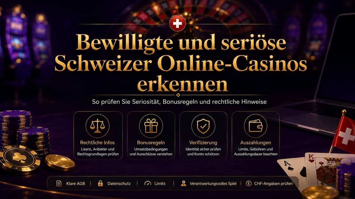 Bewilligte und seriöse Schweizer Online-Casinos mit Roulette, Spielchips, Schweizer Flagge und Hinweisen zu Bonusregeln und Sicherheit.