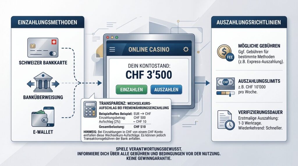 Digitales Casino-Konto mit CHF-Anzeige sowie Symbolen für Gebühren, Limits und Verifizierung.