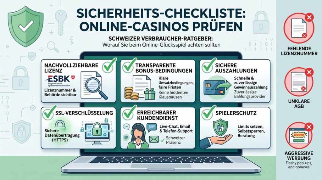 Checkliste mit Lizenz, Sicherheit, Auszahlung, Support und Spielerschutz für Online-Casinos.