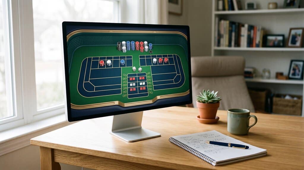 Kostenloses Craps-Demospiel auf einem Computer mit virtuellen Übungschips