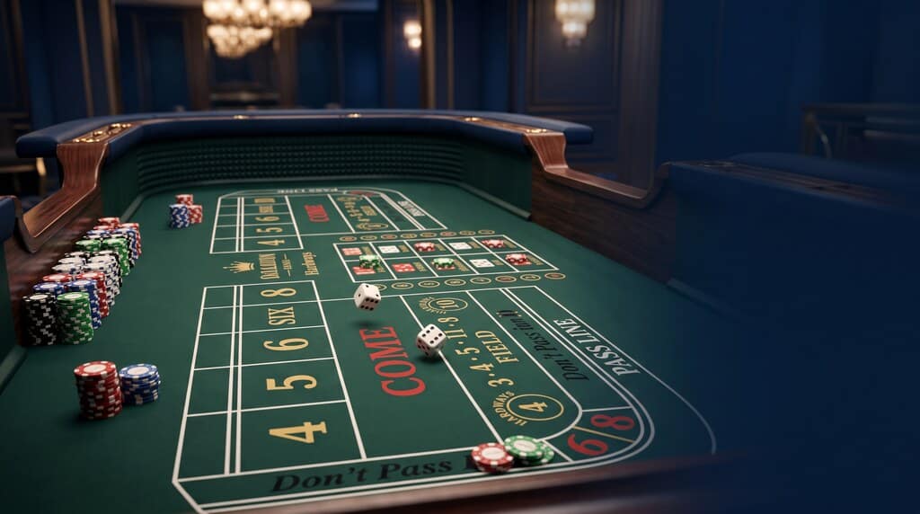 Craps-Tisch mit zwei Würfeln, Casino-Chips und verschiedenen Wettfeldern