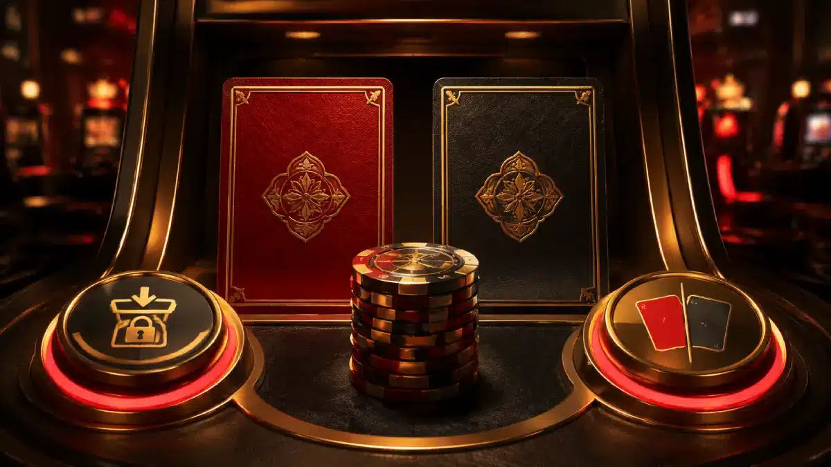 Rot-Schwarz-Kartenwahl und Spielchips beim Risiko-Feature eines Spielautomaten