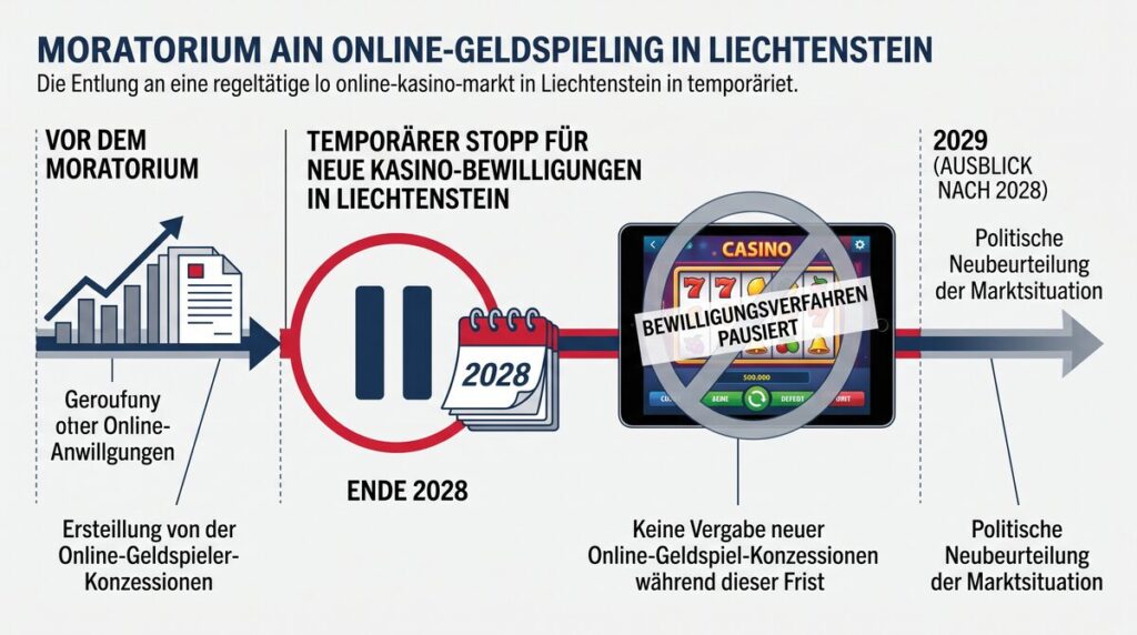 Timeline mit Pausensymbol zum Moratorium für Online-Geldspiele in Liechtenstein bis Ende 2028.