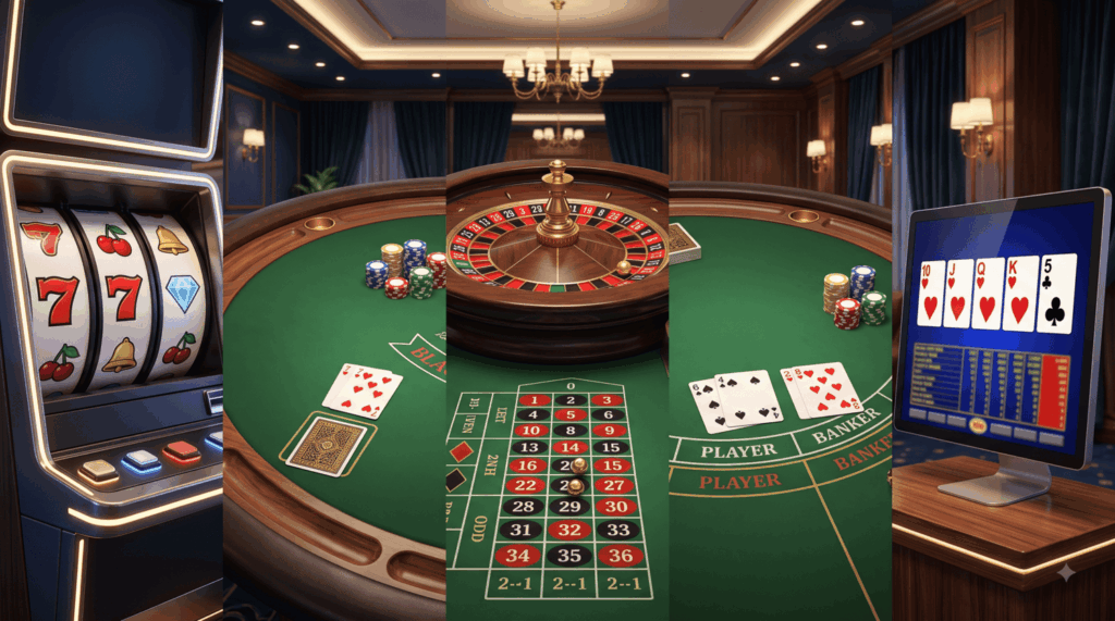 Online-Casino-Portfolio mit Slots, Blackjack, Roulette, Baccarat und Video Poker