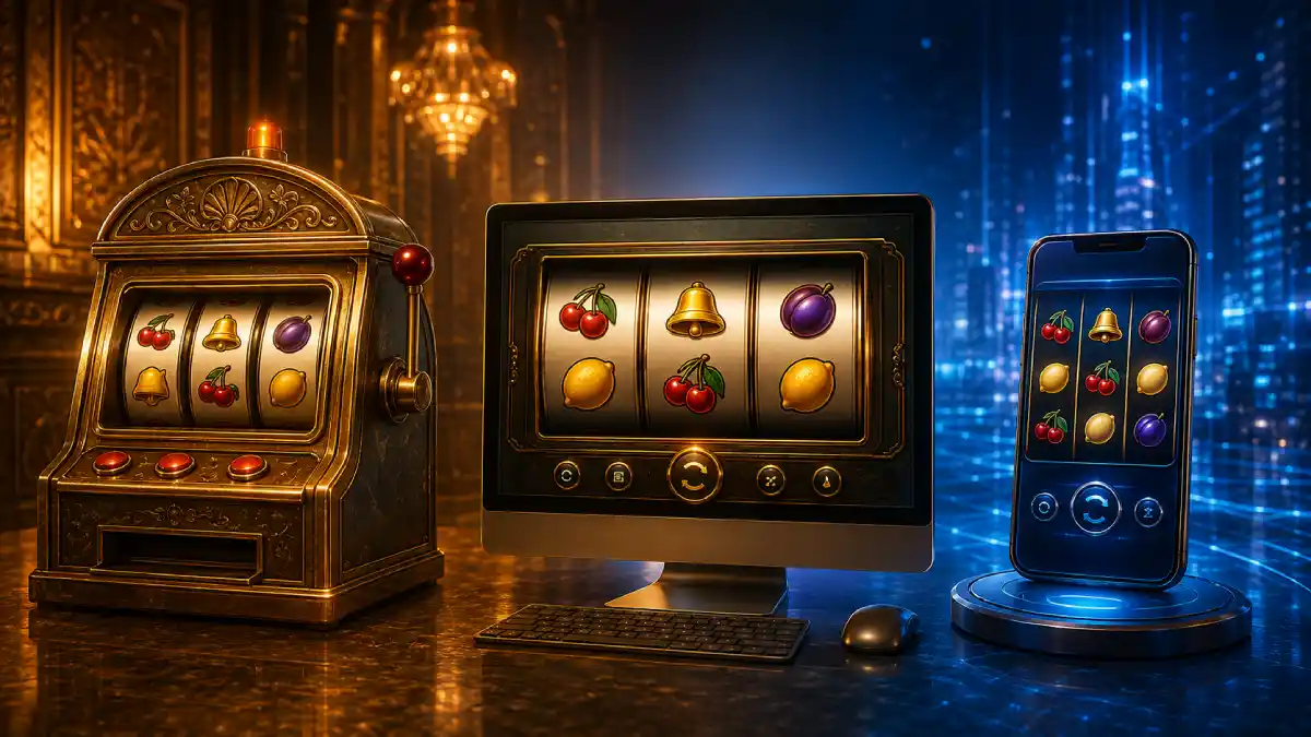 Klassischer Spielautomat neben Desktop- und Smartphone-Version eines Walzenspiels